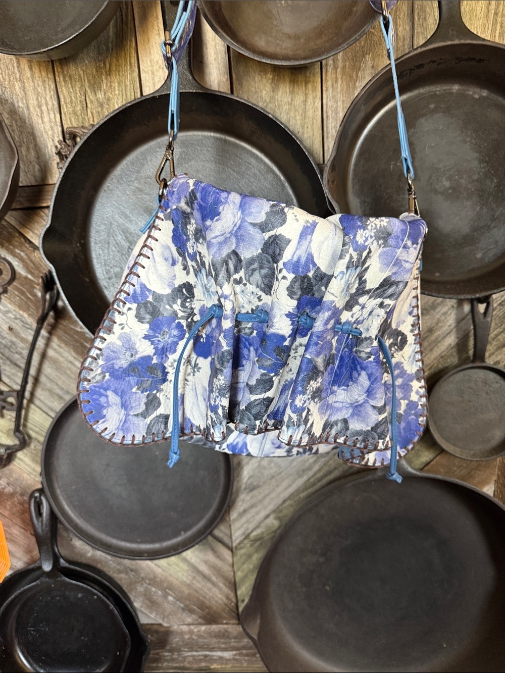 Sharif Blue Floral Shoulder Bag with Red Trim